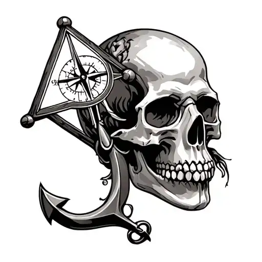 Sea ship skull with a triangle anchor pierces the skull, compass, kraken tattoo design idea