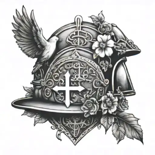 A firefighter's helmet adorned with Christian symbols like a dove and a cross, surrounded by elements of nature like trees and flowers tattoo design idea