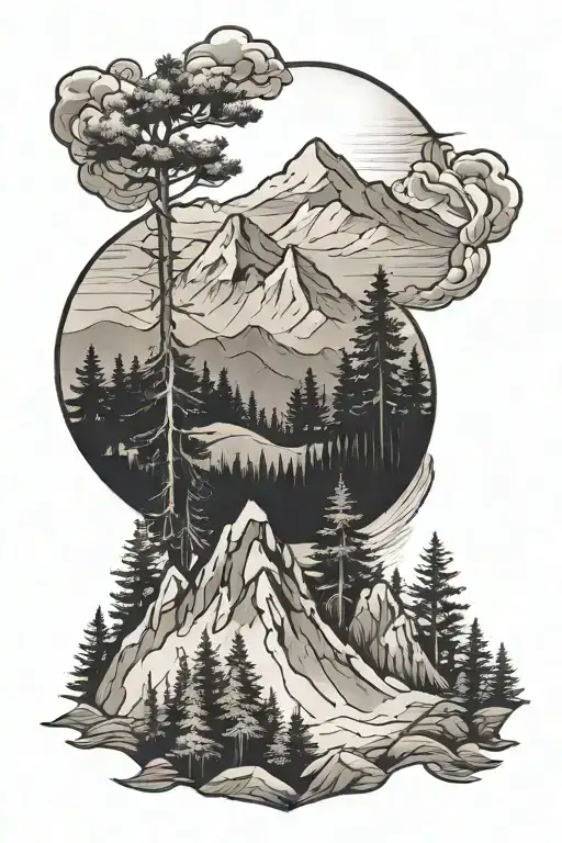 mountain range with pine trees tattoo design idea