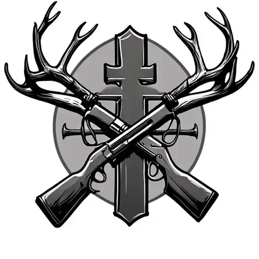 cross with two hunting rifles and antlers above it tattoo design idea