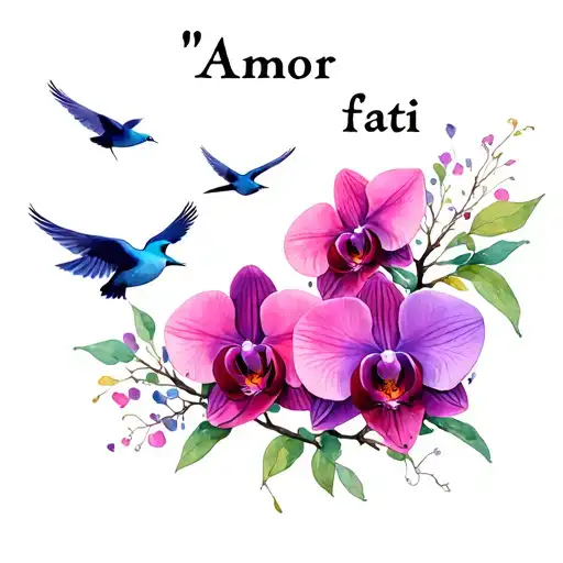 "Amor fati" pink purple orchids and birds flying together symbolizing tattoo design idea