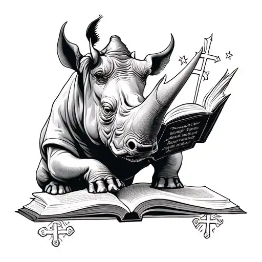 A tattoo design of a rhino reading a book with Catholic symbols subtly incorporated into the background tattoo design idea