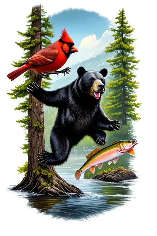 black bear and cardinal by tree with brook trout jumping tattoo design idea