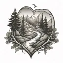 Heart-shaped hiking trail with initials of fiancé hidden in the path tattoo design idea