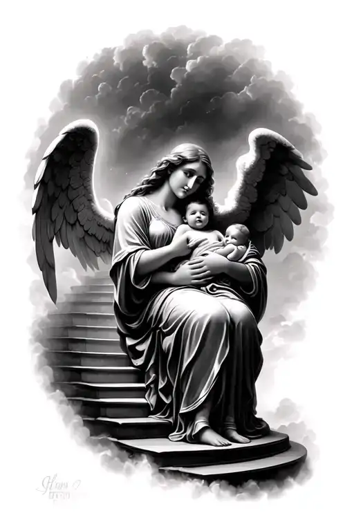 Heaven Stairs with woman holding a baby angel tattoo design idea
