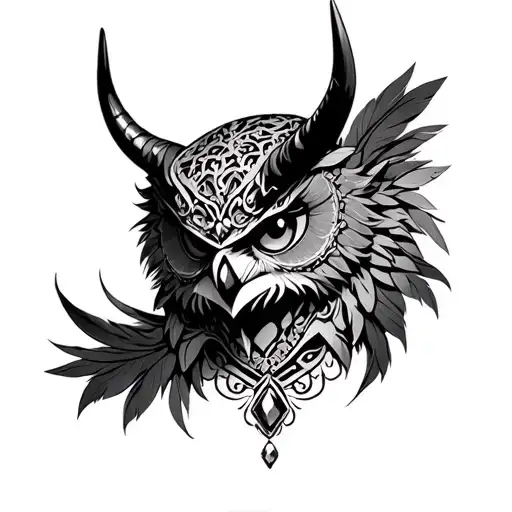 Biomech owl mask on stomach. Demon face, jewel navel, horns, feathers, mandala sides. Black & grey. tattoo design idea