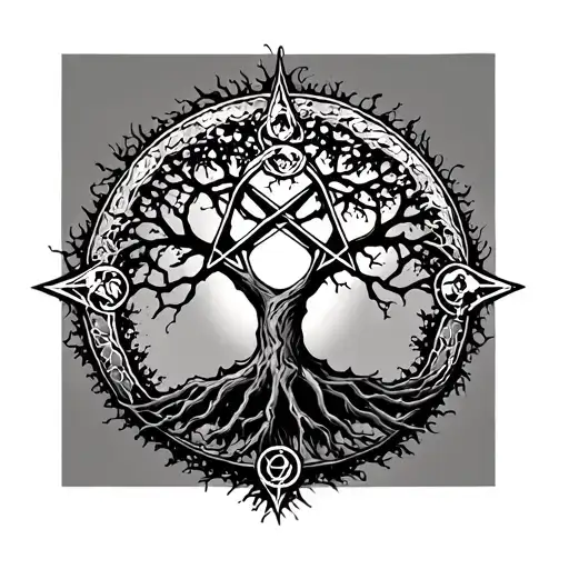 tree of life intertwined with pentagram surrounded tattoo design idea