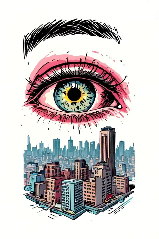 all seein eye looking down to a city full of zombie like figures tattoo design idea
