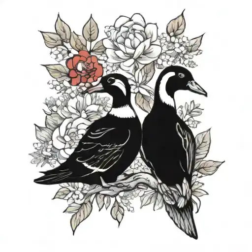 black swan, fairy penguin, golden wattle, red river gum blossoms tattoo design idea