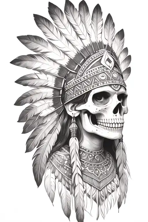 aztec warrior girl, skeletal fierce face, crown skull, geometric patterns feathers, spirituality, afterlife, death tattoo design idea