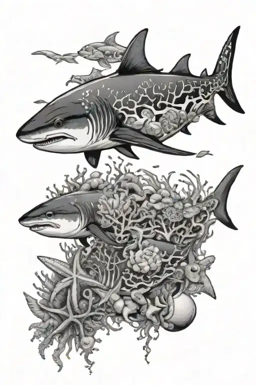 ocean with coral reef, sharks and sea shells tattoo design idea