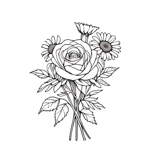 fine line rose and daisy bouquet tattoo design idea