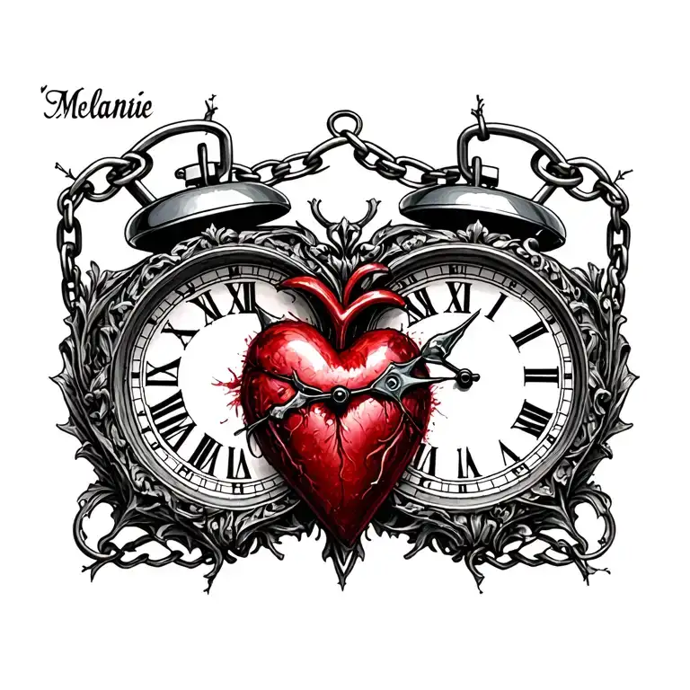 "Mélanie" clock Coeur chain tattoo design idea
