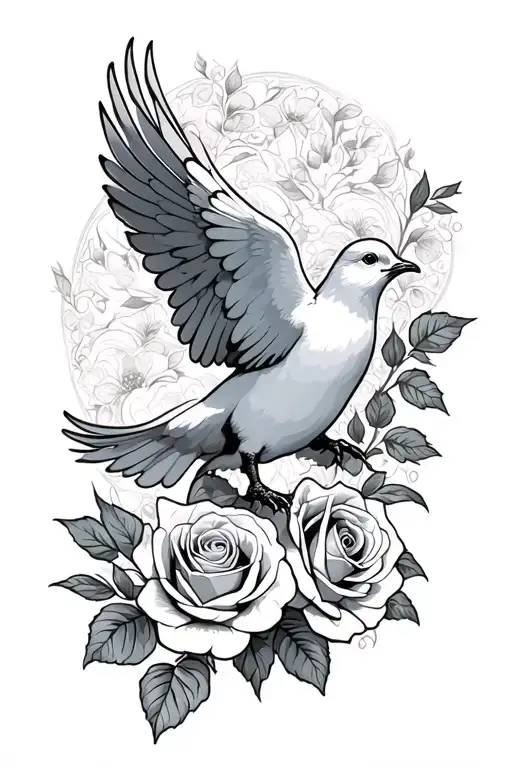 dove flying with roses intertwined tattoo design idea