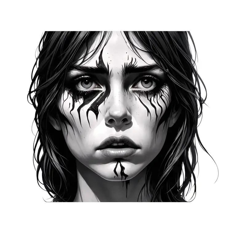 face of a sad woman with pain comes strength inspired tattoo design idea