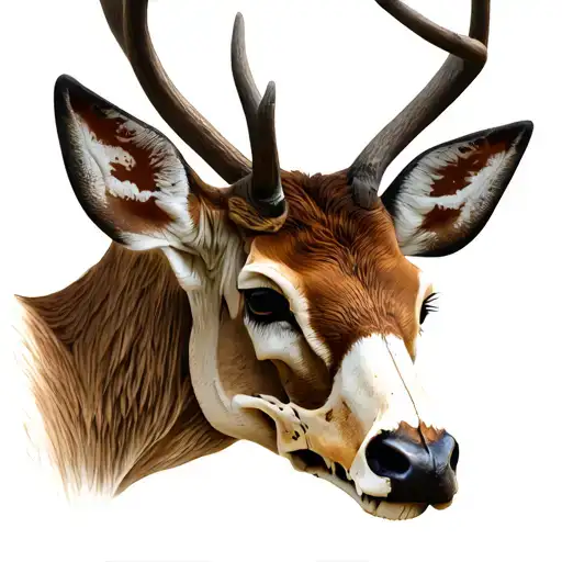 deer head, half living deer half skull, realistic, neutral tattoo design idea