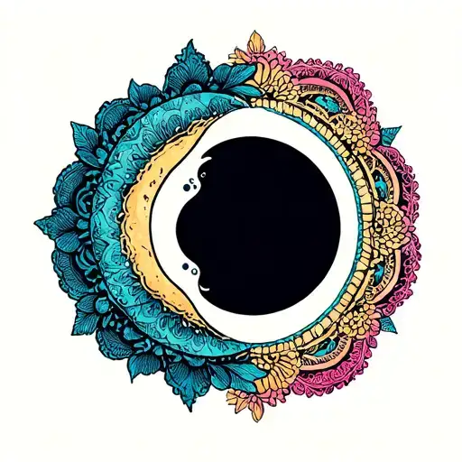 moon phase design with vibrant lace patterns intertwined tattoo design idea