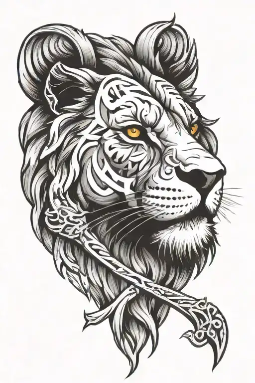 lion head with cross over the eye symbol integrated tattoo design idea