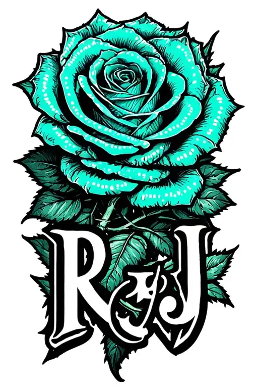 "RB ; KJ" teal rose wrapped in barbed wire tattoo design idea