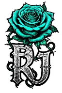 "RB ; KJ" teal rose wrapped in barbed wire tattoo design idea