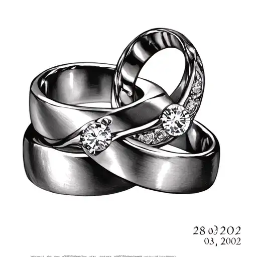 2 wedding rings crossing with date 28-03-2002 in it tattoo design idea