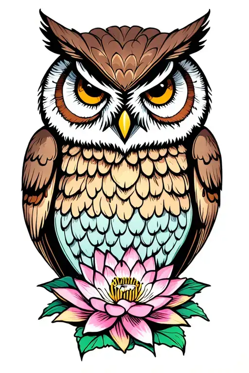 "Outlived The Odds" owl with a lotus flower blooming tattoo design idea