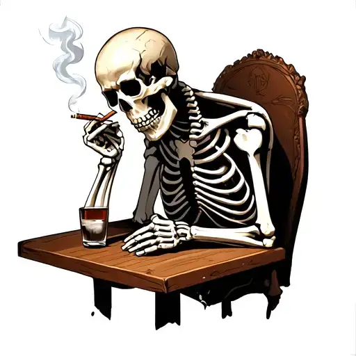 “A dark, dramatic tattoo design featuring a skeleton sitting at a wooden table, smoking a cigarette. Across from it sits tattoo design idea