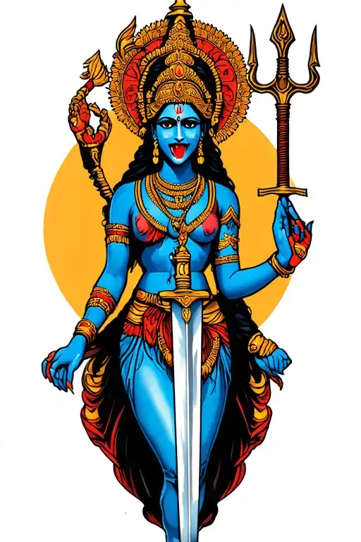 kali holding a sword, severed head, trident and a mudra Her skin will be dark blue, tongue extended  tattoo design idea