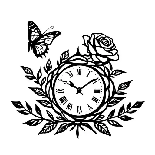 “A rose with a laurel wreath, a butterfly, and a clock tattoo design idea