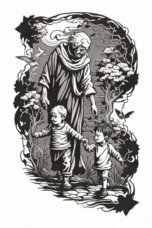 Grandmother With His Grandson Walking And Holding Hands Tattoo Idea tattoo design idea