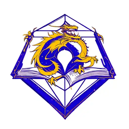 blue-purple tesseract with a golden dragon and a book tattoo design idea