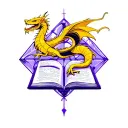 blue-purple tesseract with a golden dragon and a book tattoo design idea