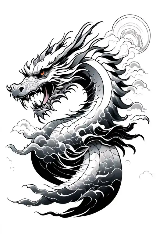 Japanese waves, dragon and clouds tattoo design idea