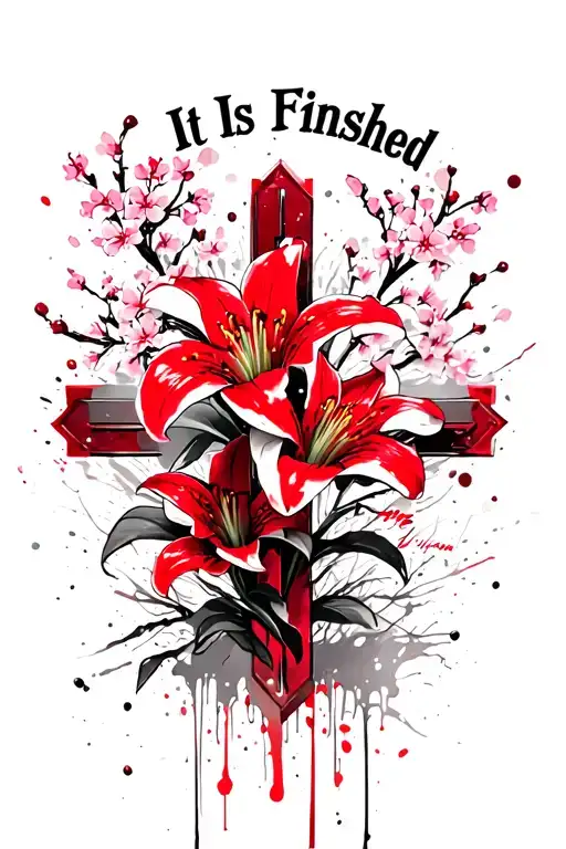 ""It Is Finished"" Cross with Red Sider Lilies and Cherry Blossom Trees tattoo design idea