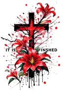 ""It Is Finished"" Cross with Red Sider Lilies and Cherry Blossom Trees tattoo design idea