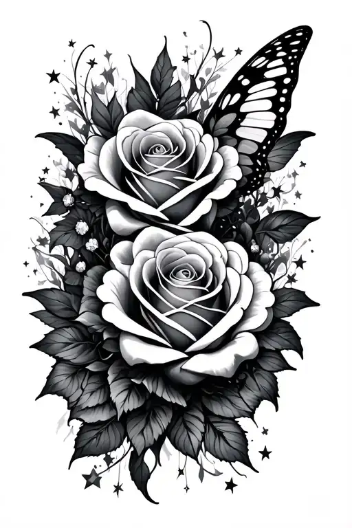 roses,stars,lines, butterfly wings tattoo design idea