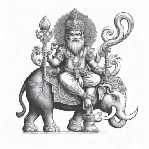 Sigil of Vishwakarma, male Deity sitting on elephant, swan on the both side. Good design around. Man have four limbs. ho tattoo design idea