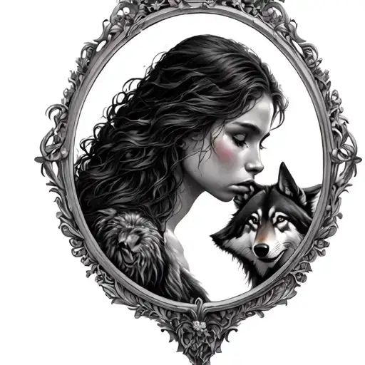 broken and wounded woman looking in mirror and a wolf reflects back tattoo design idea