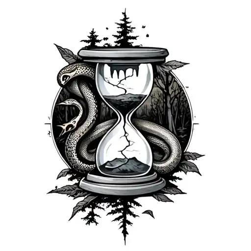 broken hourglass with python tooth on forest background tattoo design idea