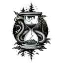 broken hourglass with python tooth on forest background tattoo design idea
