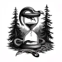 broken hourglass with python tooth on forest background tattoo design idea