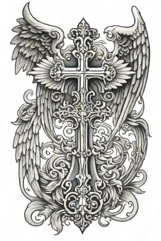 cross with angel wings tattoo design idea