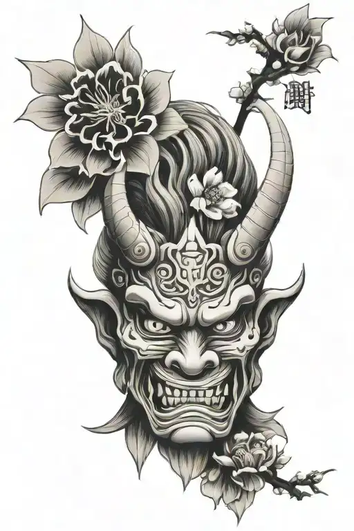 japanese oni mask surrounded with sakura flowers tattoo design idea