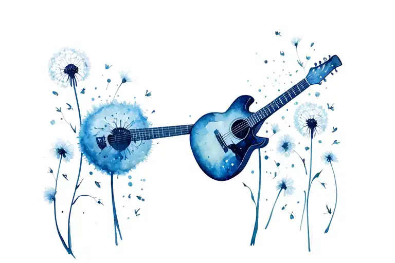 guitar and dandelion transforming tattoo design idea