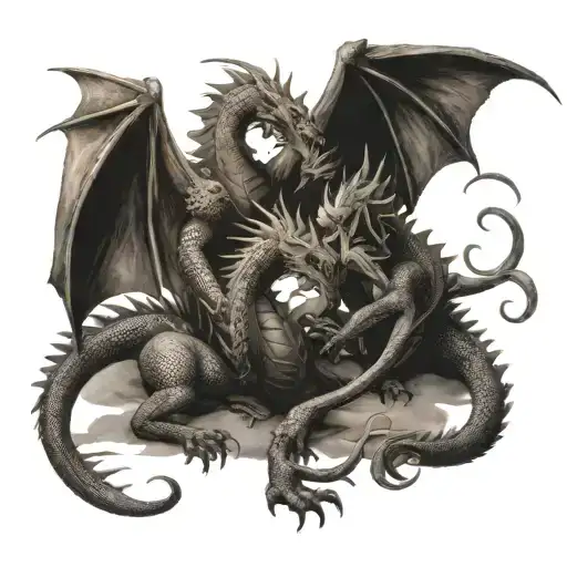 two medieval dragons fighting a knight tattoo design idea