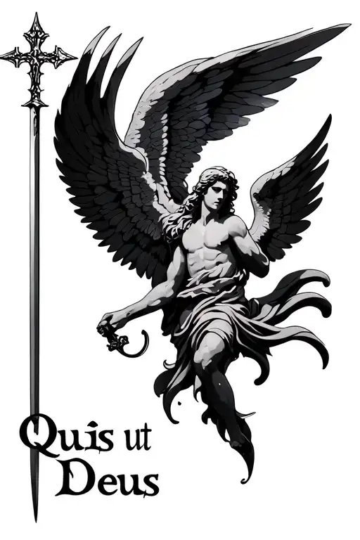 "Quis ut Deus" st michael archangel blade and wings tattoo design idea
