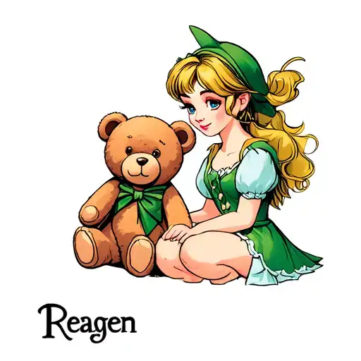 full body baby Peter Pan Wendy with a teddy bear and the name Reagen tattoo design idea