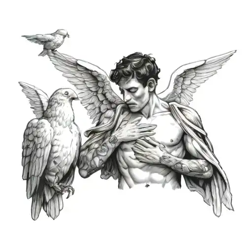 three angels blind deaf and dumb baby with white birds projected on the side of the male chest tattoo design idea