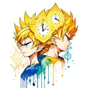 vegeta and bulma with occult symbols and melting clocks incorporated tattoo design idea