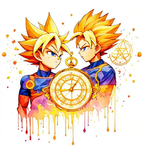 vegeta and bulma with occult symbols and melting clocks incorporated tattoo design idea